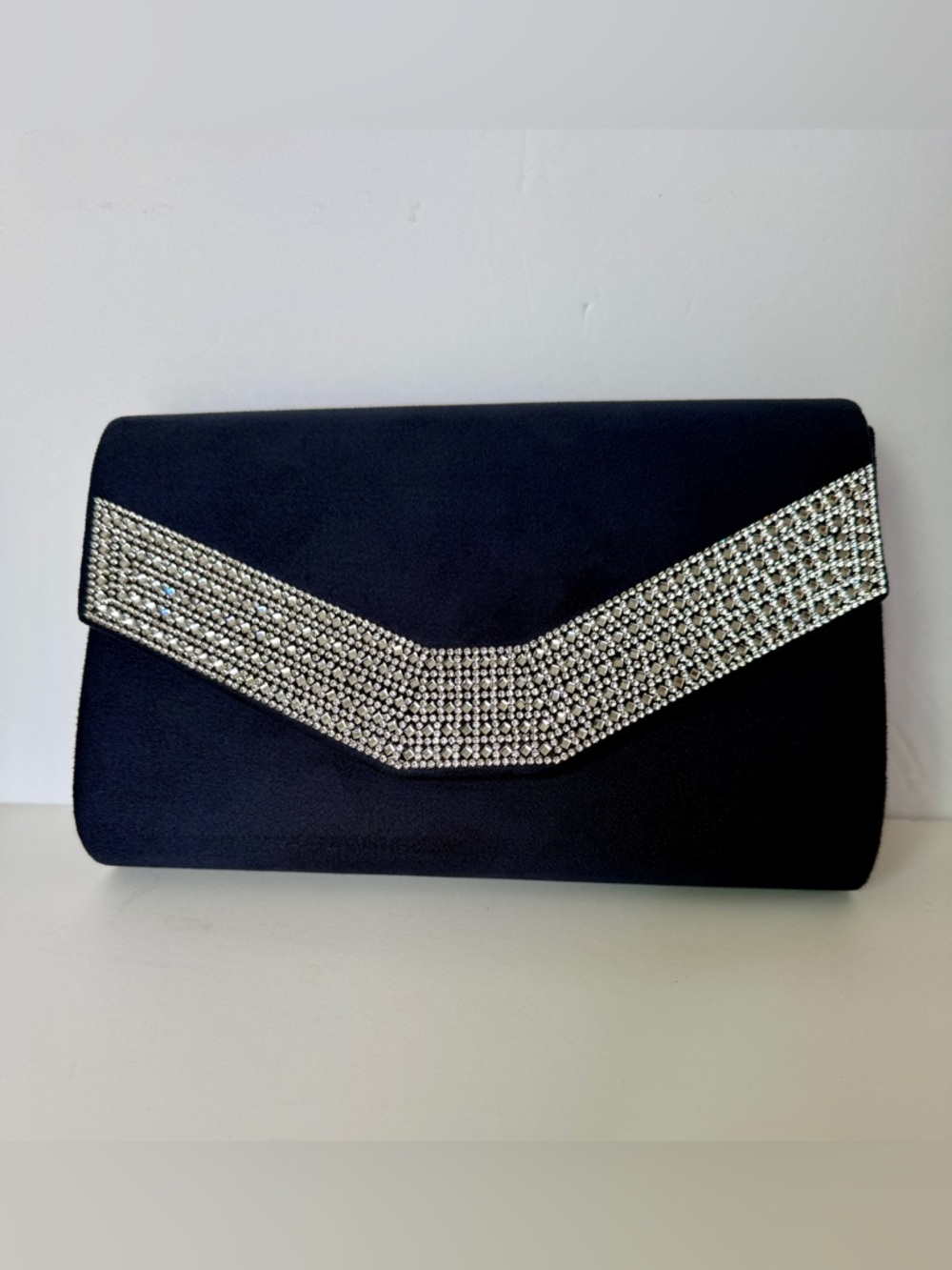 Crystal-Trim Navy Blue Evening Clutch